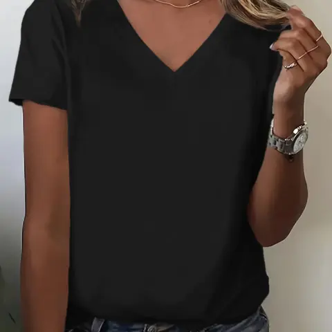 Women's Solid V Neck Tee, Basic Tee, Basic Clothing, Casual Everyday Wear Soft Comfortable Short Sleeve T-shirt for Daily Wear, Ladies Clothes for All Seasons, Minimalist Top, Womenswear