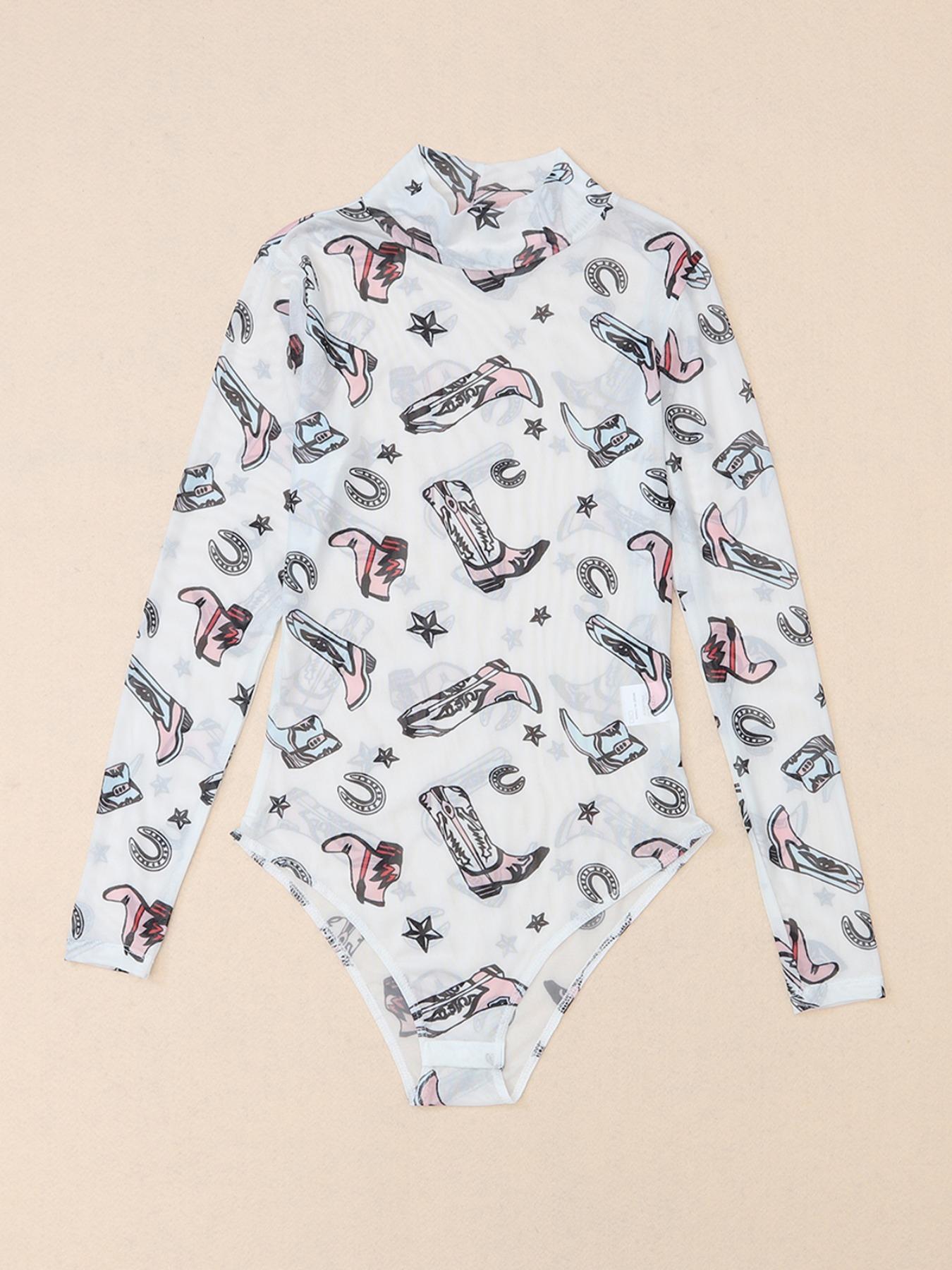 Women's Boot Print Mock Neck Semi-Sheer Bodysuit, Sexy Fashion Long Sleeve Bodysuit for Spring & Fall, Women's Clothes for Daily Wear