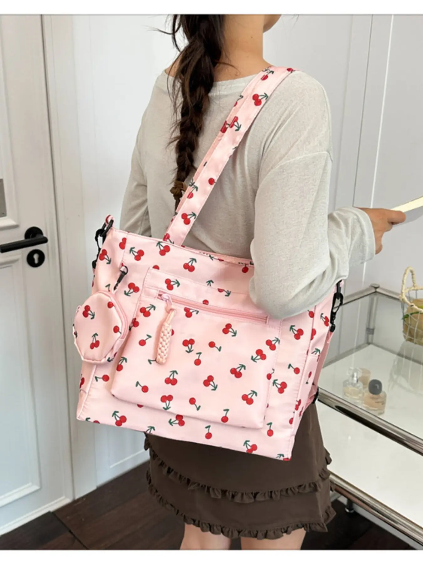 2026 Summer New Korean Style Unique Design Simple Print Cherry Women's Tote Bag, Casual All-Season Backpack for Students