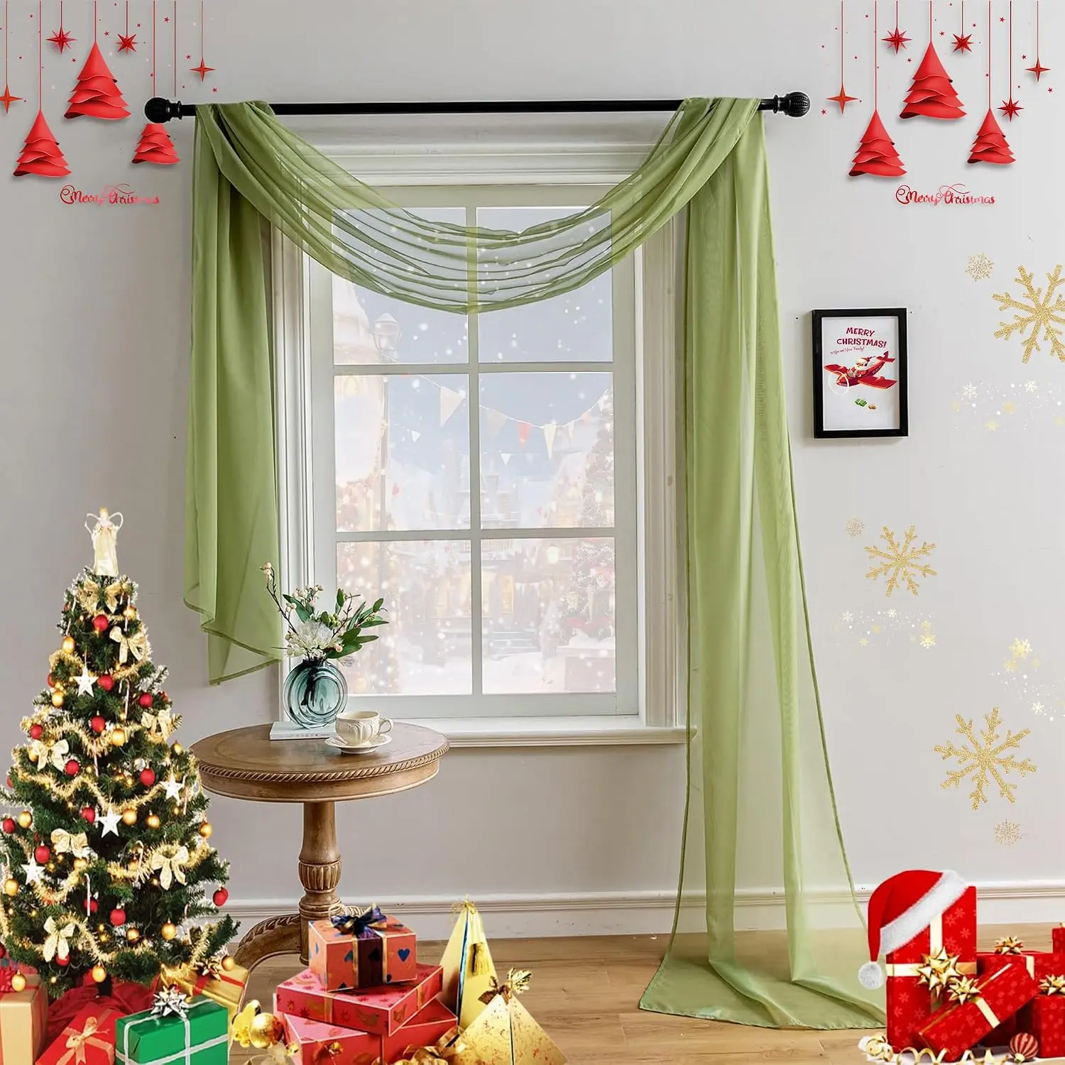 Window Scarf Bed Canopy Curtains Wedding Arch Draping Fabric 144 Inches Long (12Ft), Curtain Scarf Valances for Windows Living Room Bedroom Party, Green Sheer Fabric for Draping 1 Panel 37Wx144L