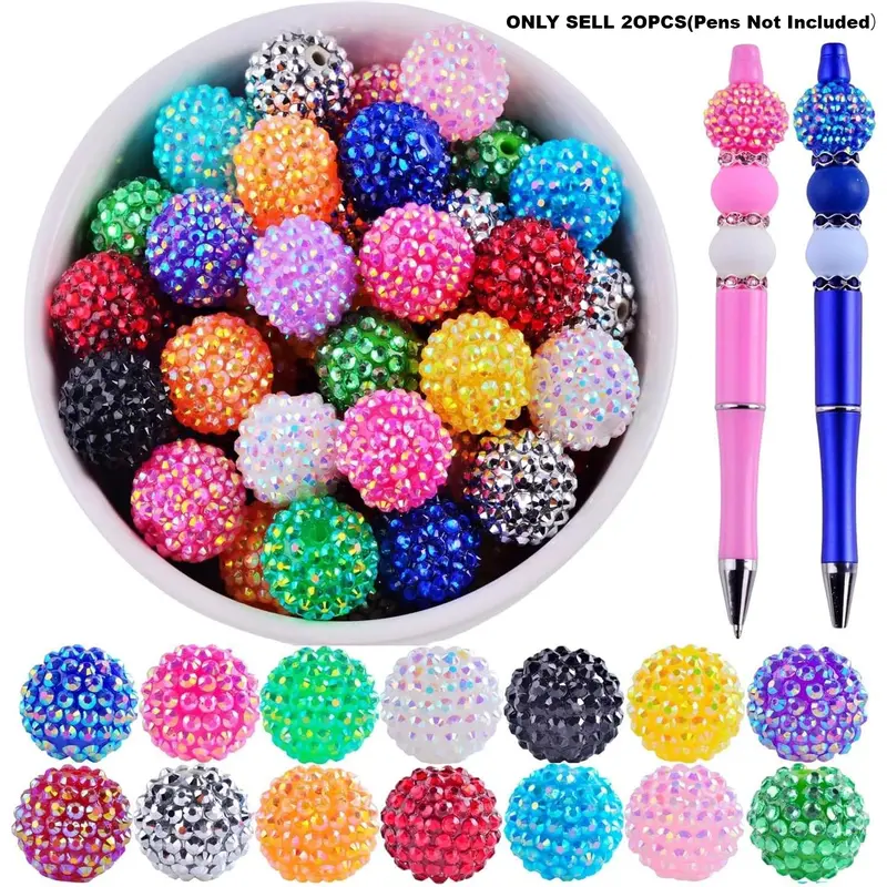 20pcs 20mm Rhinestone Bubblegum Beads for Beadable Pens, Large Bling Crystal Pen Beads for DIY Pens, Keychains and Jewelry Making, Versatile Use, Diy Craft Embellishments, Decorative Beads, Bead Assortment, Bead Set, Beads for Crafts
