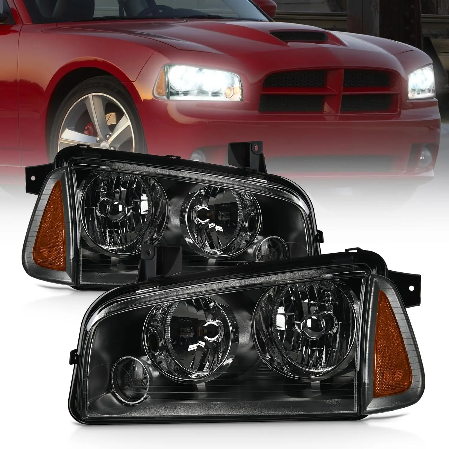 Nilight Headlight Assembly Compatible with 2006-2010 Dodge Charger, Smoke Housing, Amber Reflector, Brightening Adjustable Waterproof Direct Bolt-On Replacement Bumper Lamp Set for Driver & Passenger Side, Enhances Night Safety