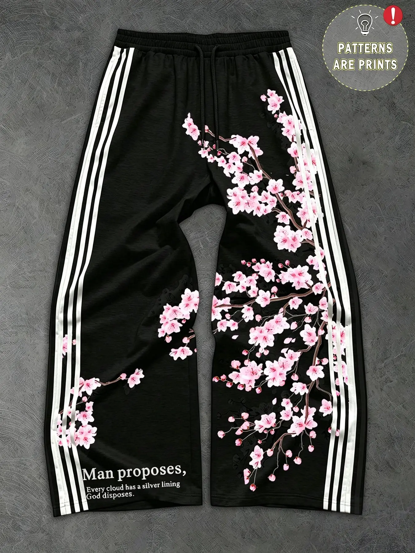 Chic Cherry Blossom Three-Stripe Wide-Leg Sporty Sweatpants, Soft Knit Fabric, Classic Stripes, Floral Print, Casual Long Pants