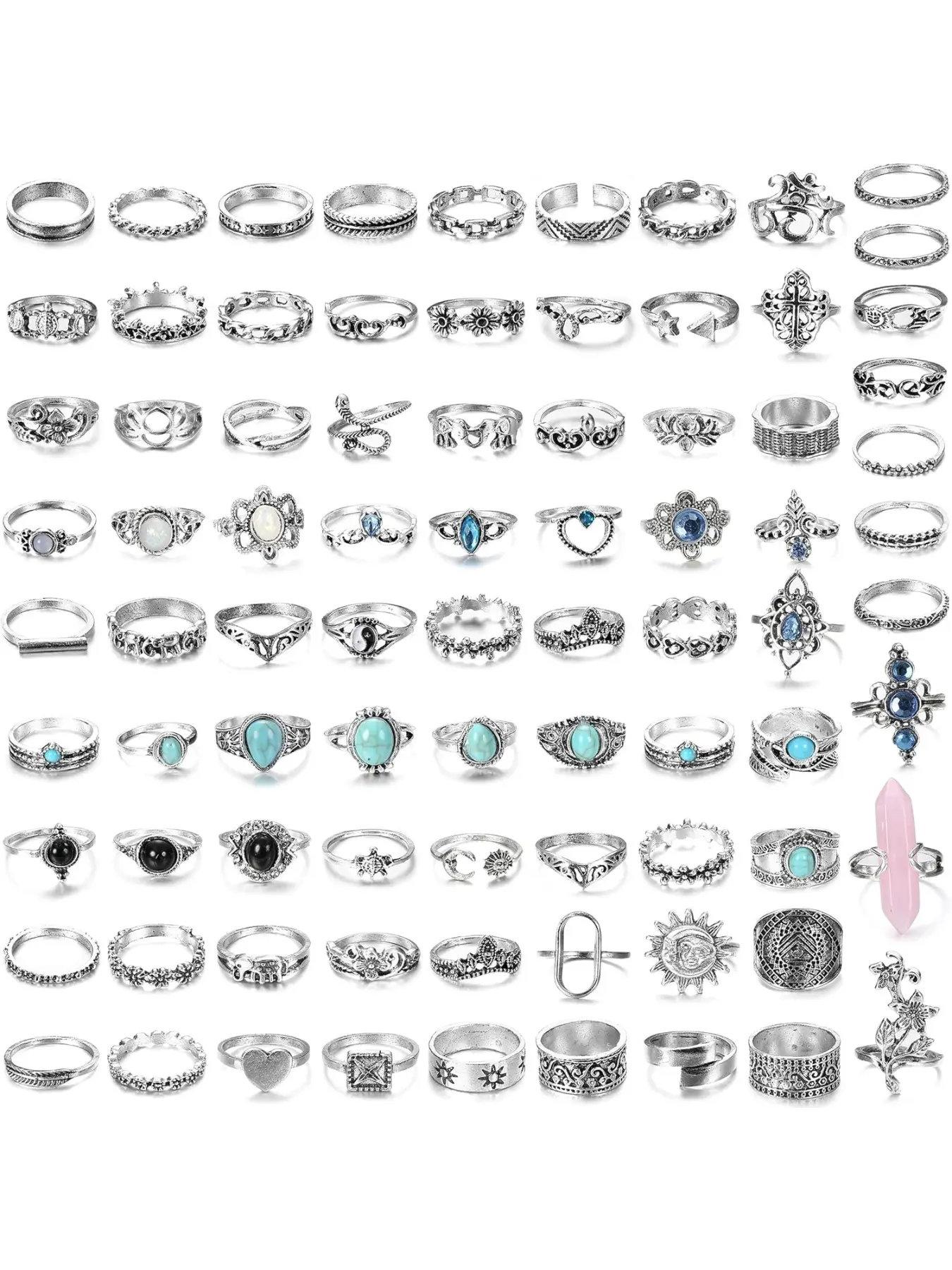 82 Pcs Vintage Silver Knuckle Rings Set for Women Teen Girls Bohemian Stackable Joint Finger Rings Retro Stone Crystal Stacking Midi Rings Beautiful Rings Pack