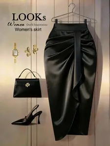Luxury Satin Ruched Midi Pencil Skirt High Waist Ruffle Drape Slit Bodycon Skirt Glossy Black Chic Elegant Office Bottoms ideal for business meetings weekday work dinners rooftop banquets and sophisticated feminine formal daily matching outfits