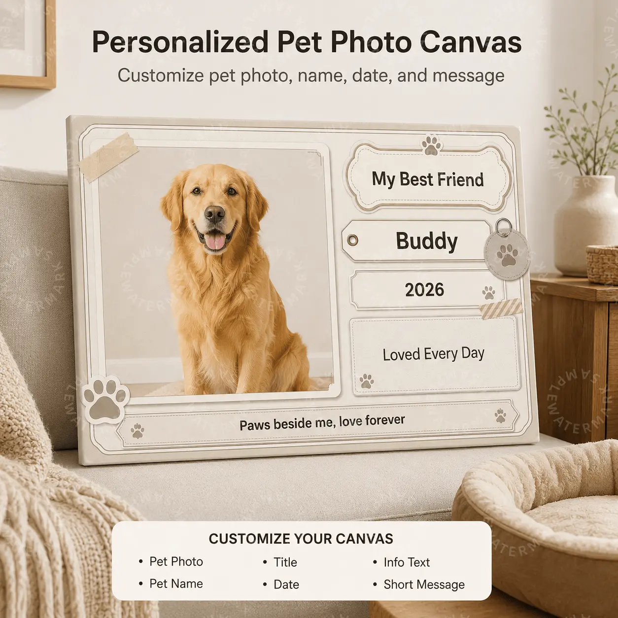 Personalized Pet Photo Canvas, Custom Pet Photo Name Date Message Wall Art, Neutral Paw Print Pet Lover Gift, Dog Cat Keepsake, Aesthetic Poster, Bedroom Living Room Office Decor