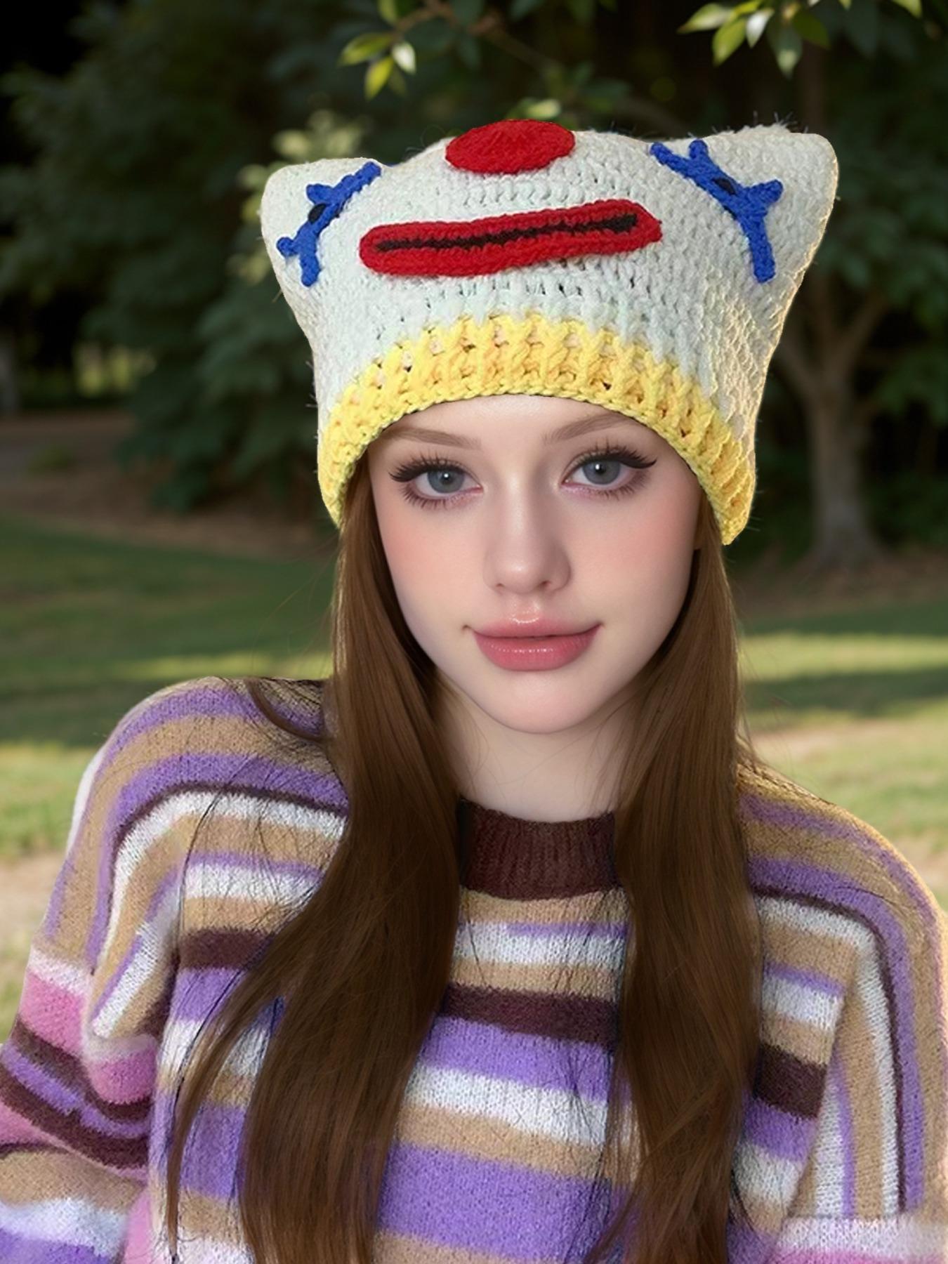 Cute Cartoon Clown/Panda Design Beanie Hat, Casual Thickened Windproof Braided Crochet Warm Knit Hat for Fall & Winter, Fashion Accessories for Both Men & Women, Animal Hats