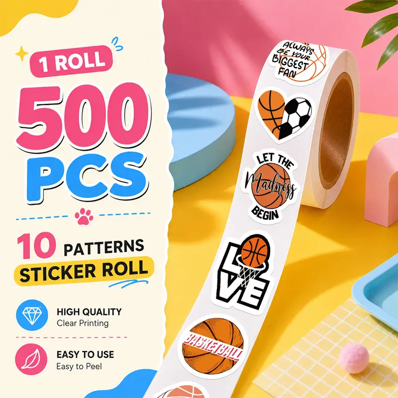 500PCS/Roll Basketball Sticker Roll, 10 Designs Aesthetic Decorative Sticker Tape, Self Adhesive Journaling Stickers for Notebook, Laptop, Phone Case and Daily Decoration