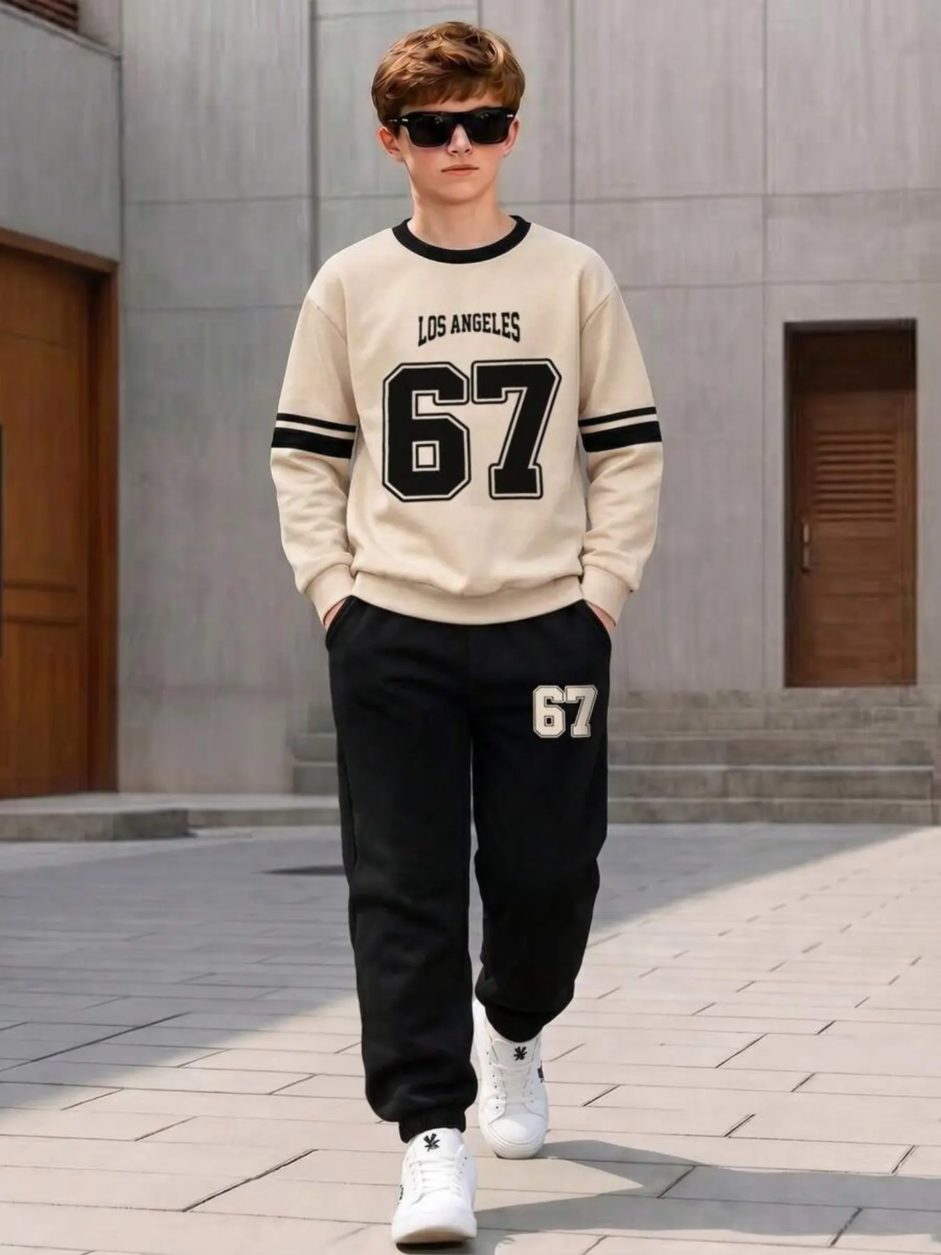 Boys' Spring & Fall Crew Neck Sweatshirt Set, American College Style, Letter Print, Graphic Print Set, Colorblock Sleeves, Loose Fit, School & Streetwear