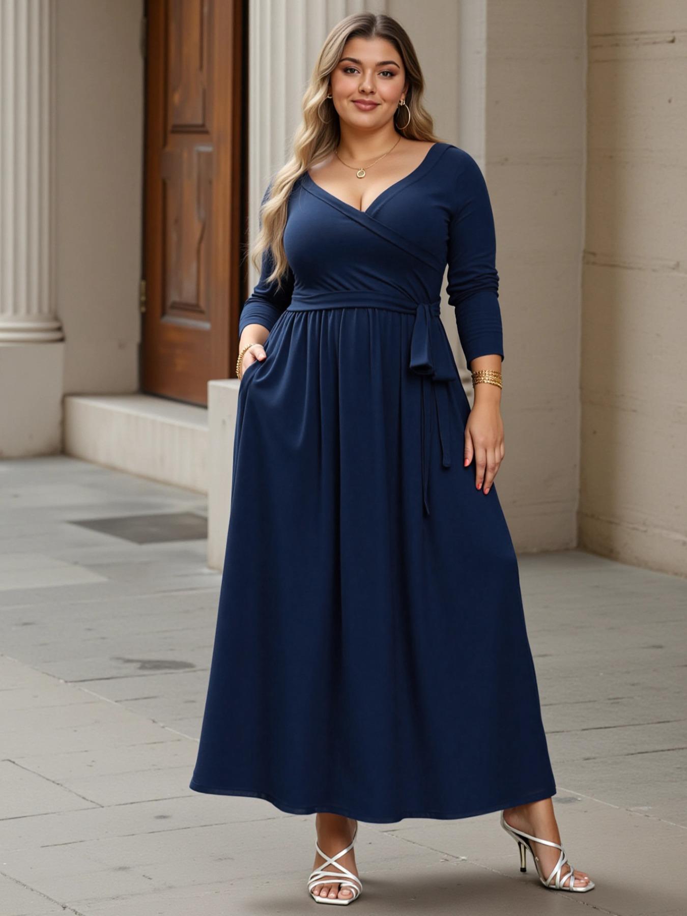 Women's V Neck Stretchy Casual Long Plus Size Dress, Perfect for Bridesmaids, Vintage Style Wedding & Party Wear, Comfortable All-Day Fabric