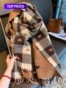 plaid & heart pattern tassel design scarf, elegant soft warm thick shawl for women & men, fashion accessories for fall & winter