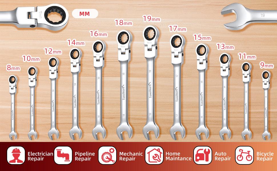 GARVEE Metric Ratcheting Wrench Set P-12 180° Flex-Head Cr-V Steel 9-18mm with Premium Roll-Up Storage Pouch, Polished Finish, 12-Piece Set