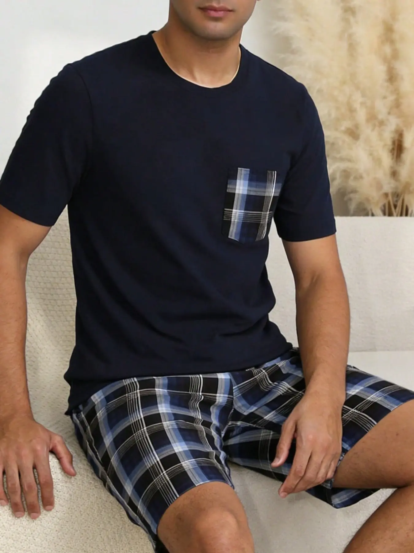 Men's Summer Two-Piece Home Wear Set, Round Neck Comfortable Casual Loose Pajamas, Short Sleeve Shorts, Plaid Print Pants, Loungewear, Checked, Nightwear, Sleep Lounge Pajama