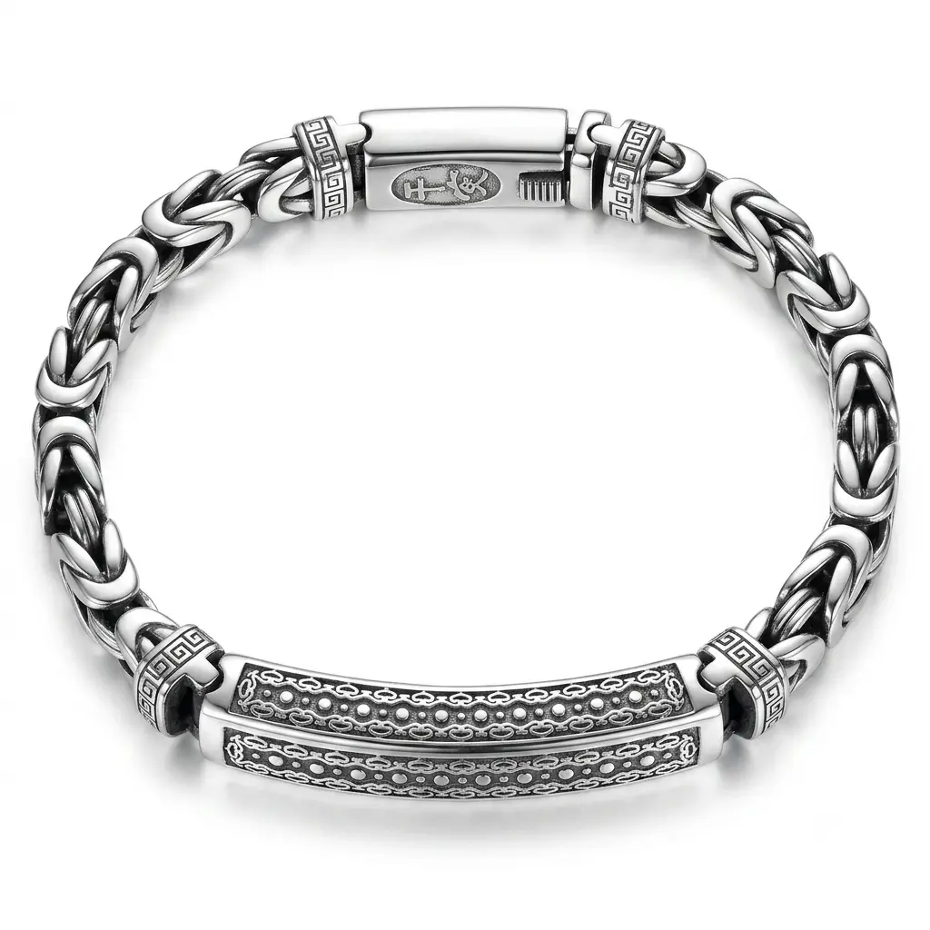 S925 Sterling Silver Byzantine Bracelet - Engraved Geometric Bar, Vintage Oxidized Chain Wristband for Men - Gothic Streetwear Jewelry Gift