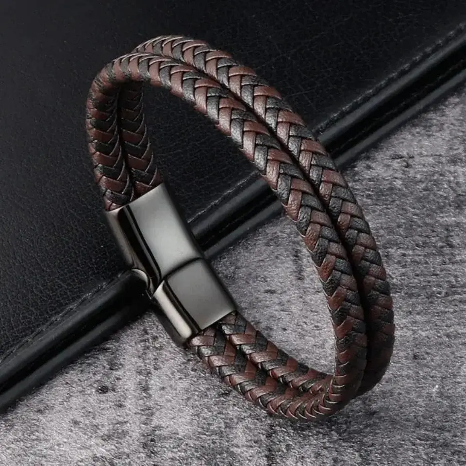Men's Black-Blue Braided Genuine Leather Double-Band Bracelet, Unisex Daily Wear Bangle