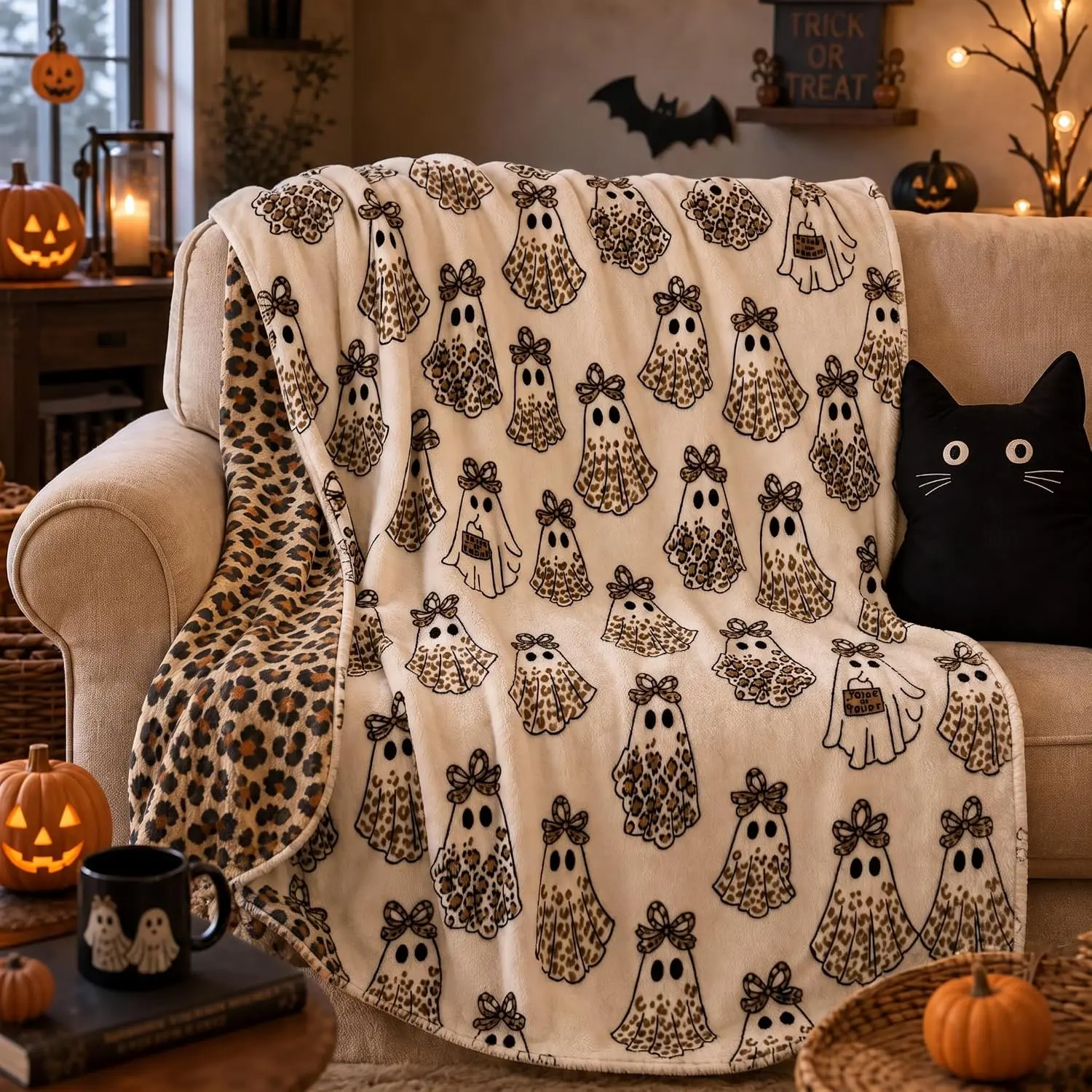 Frienda 50 x 60 Inch Halloween Reading Ghost Blanket |   Reading Ghost Blanket, Reversible Soft Throw Blanket Cheetah Bow Flannel Fleece Plush Decor for Couch Bed Spooky Gift