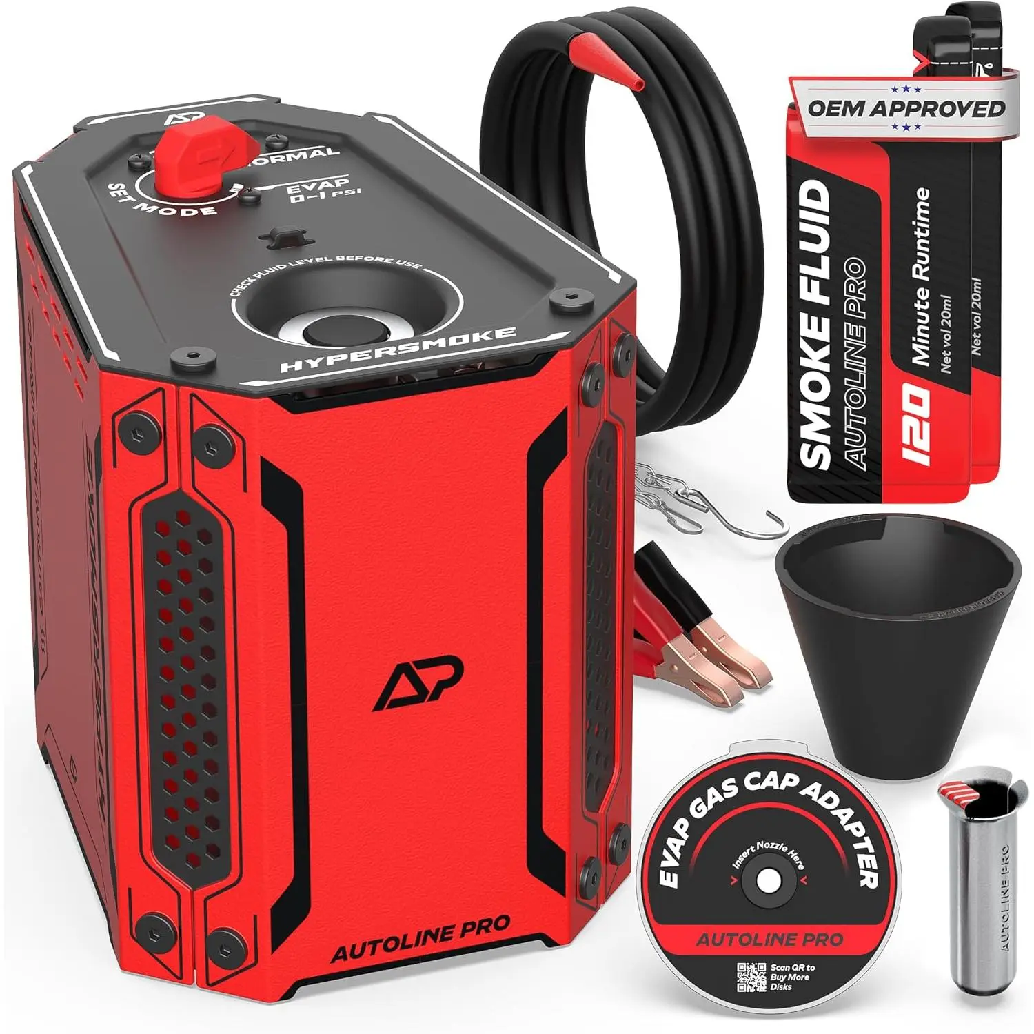 Automotive Smoke Machine EVAP Vacuum Leak Tester – Adjustable Pressure – OEM Approved Smoke Fluid – Built-in Air Compressor Motor – Includes Cone and Gas Cap EVAP Adapter.
