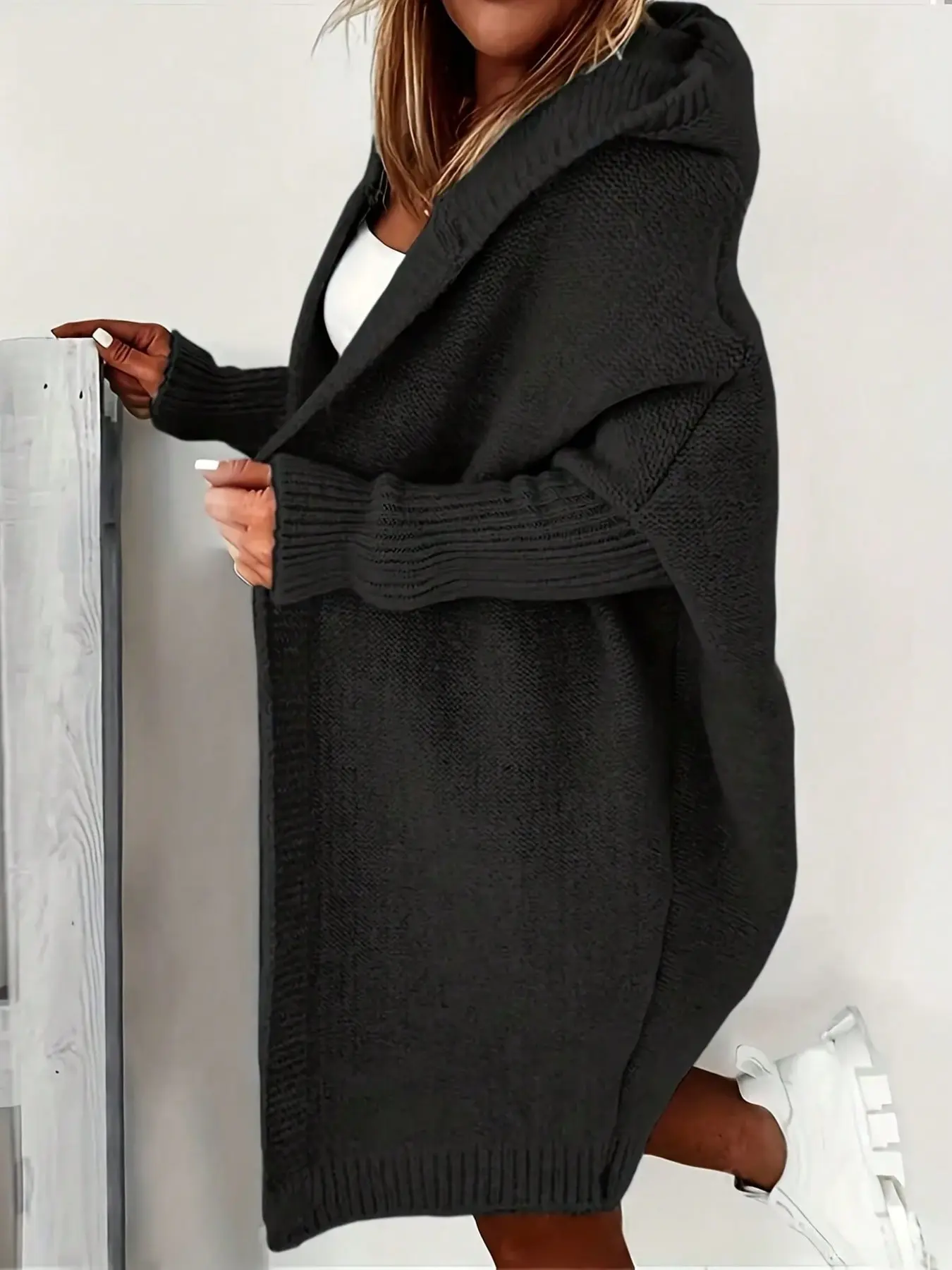 Women's Hooded Mid-Length Knit Cardigan, Open Front Sweater Coat, Cozy Textured, Ribbed Hem, Batwing Sleeves, Loose Fit, Fall Winter Outerwear, Knitwear