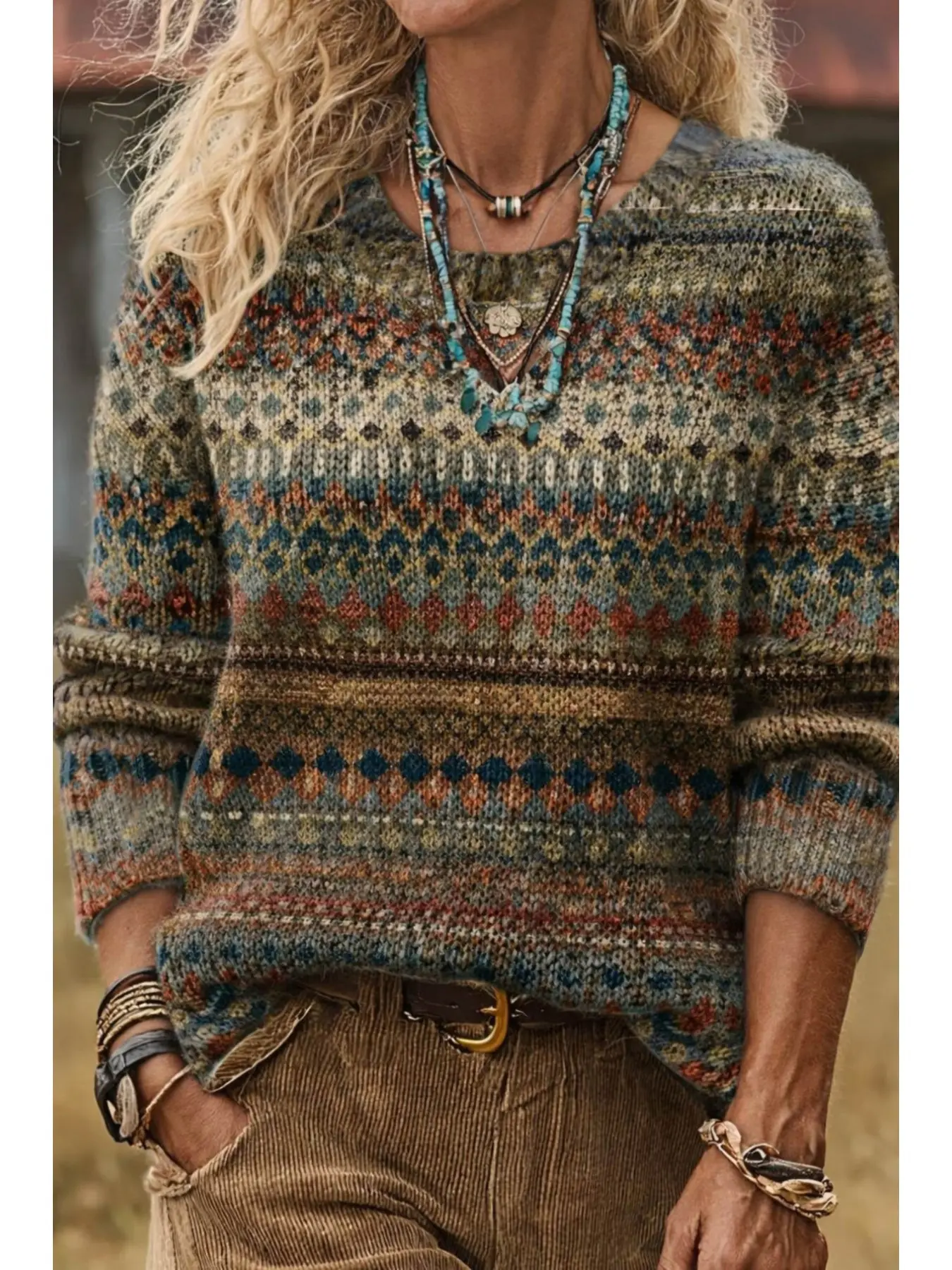 Women's Knitted Pullover Sweater, Vintage Aesthetic Fair Isle Printed, Bohemian Geometric 2D All Over Print, Casual Long Sleeve Ribbed Knit Fit Tops