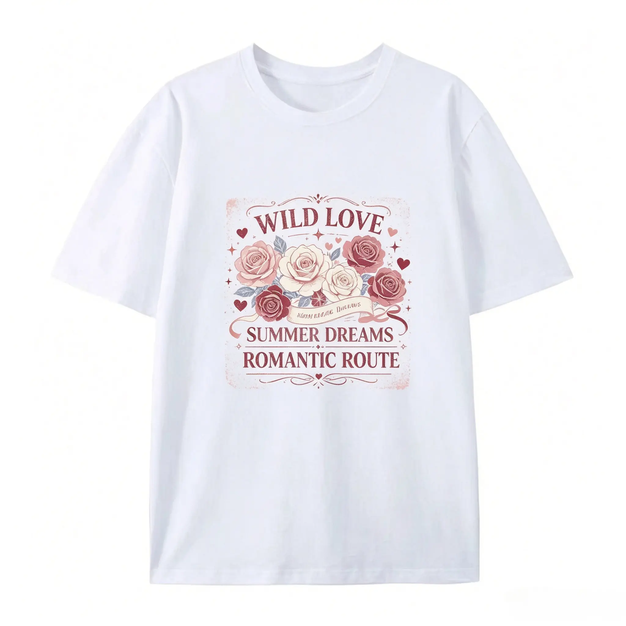 Wild Love Vintage Pink Rose Heart Romantic Graphic Oversized T-Shirt, Comfort 100% Cotton Fashion Outfit, Cute Retro Floral Valentines Top, Best Valentines Wedding Holiday Gift For Him Her Lover Family Friends Couple Flower Lover Present