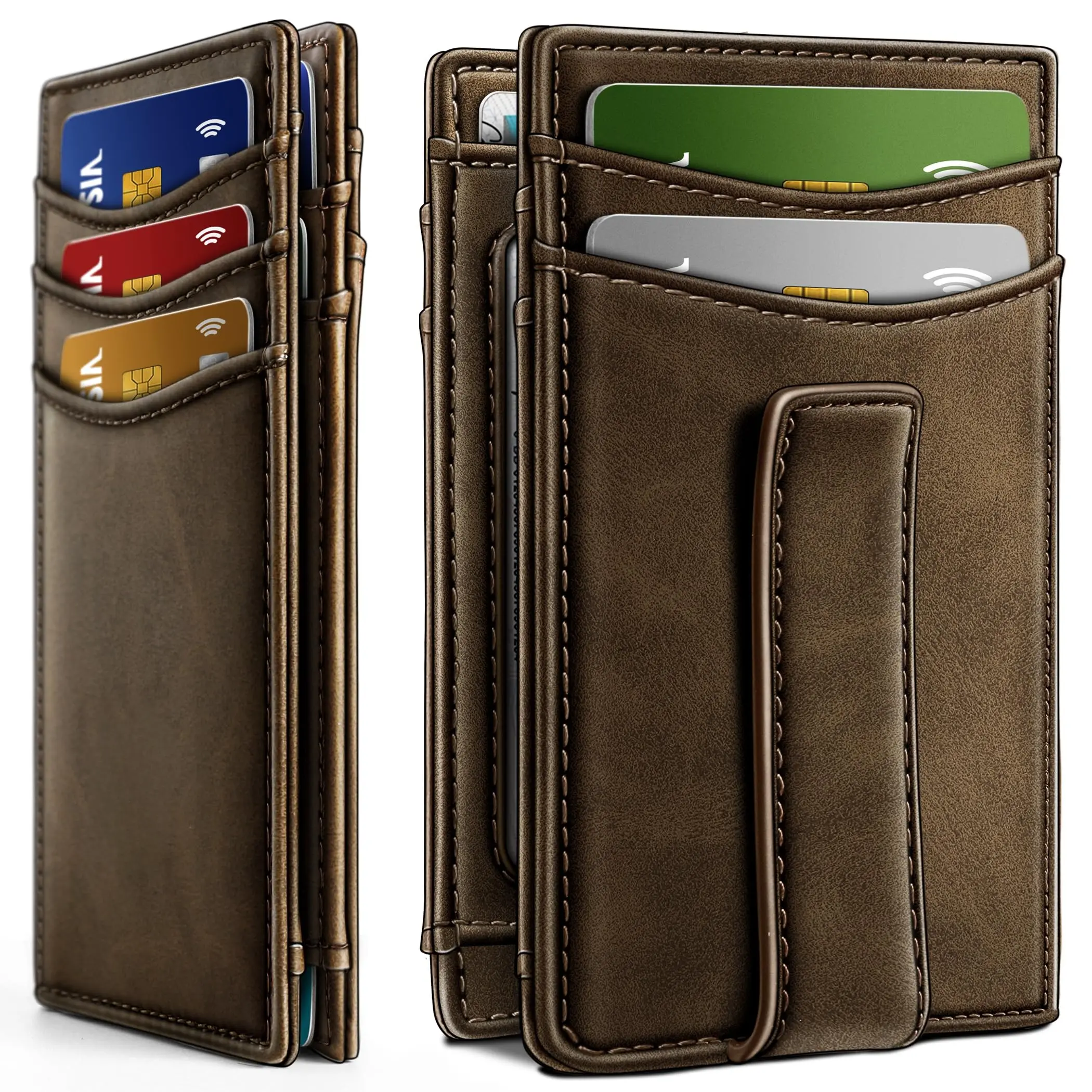 Magnetic Closure Slim Wallet-Genuine Leather Front Pocket Wallet for Men,RFID Blocking,Holds 12 Cards and Money Clip