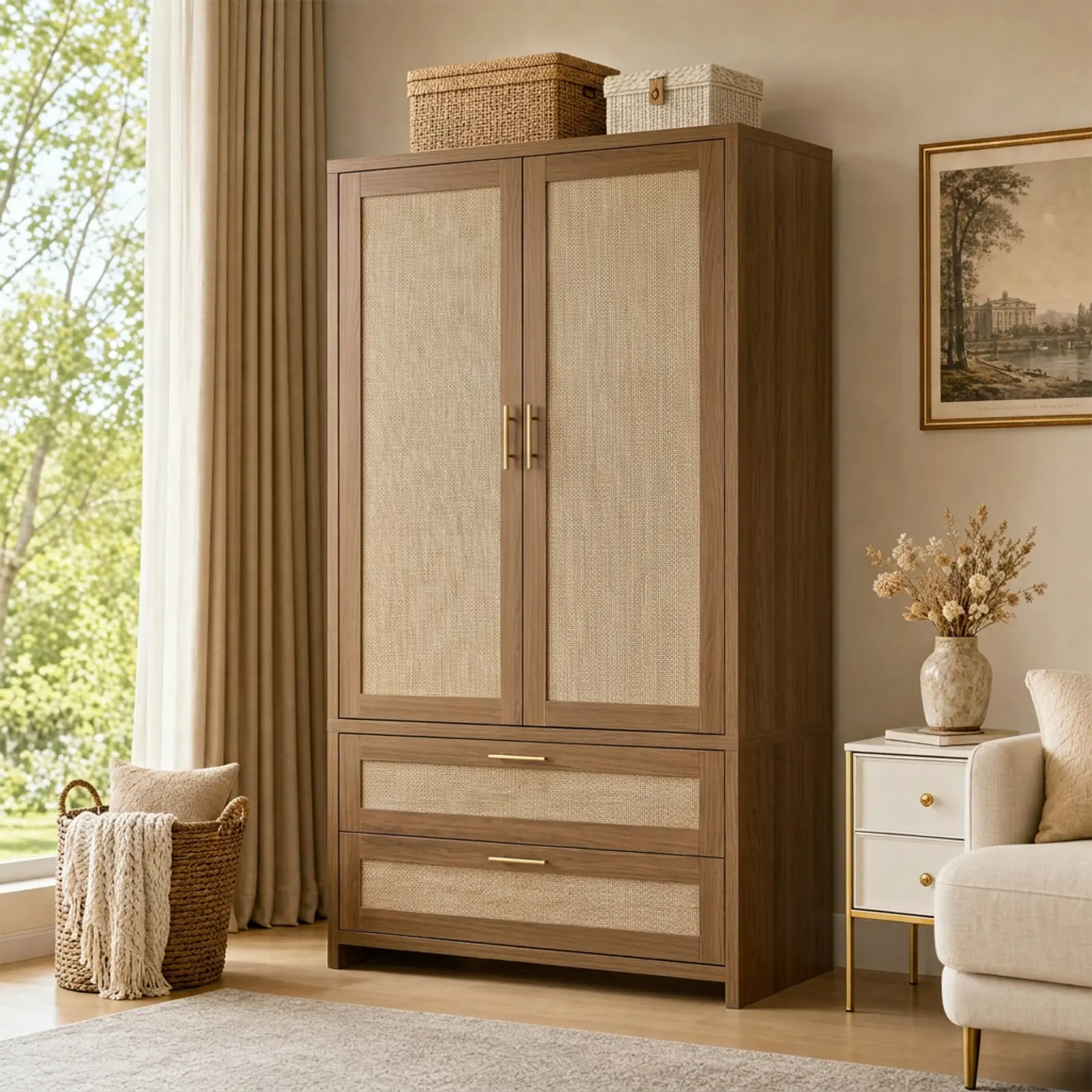 Boho Rattan Wooden Wardrobe Armoire - 71" Tall, Adjustable Hanging Rod, 2 Doors, Drawers, Closet Storage for Bedding & Living Spaces, Farmhouse Bedroom Cabinet, Dark or Light Oak Finish