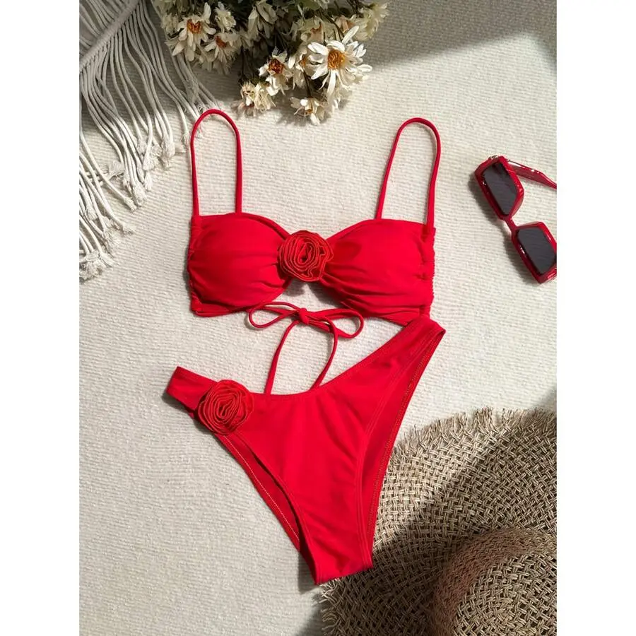 Red Bandeau Bikini 3D Rose Detail - Women's Two Piece SwimsuitStrap Bathing Suit Padded Push Up Top High Waist Bikini Set For Summer Beach Pool