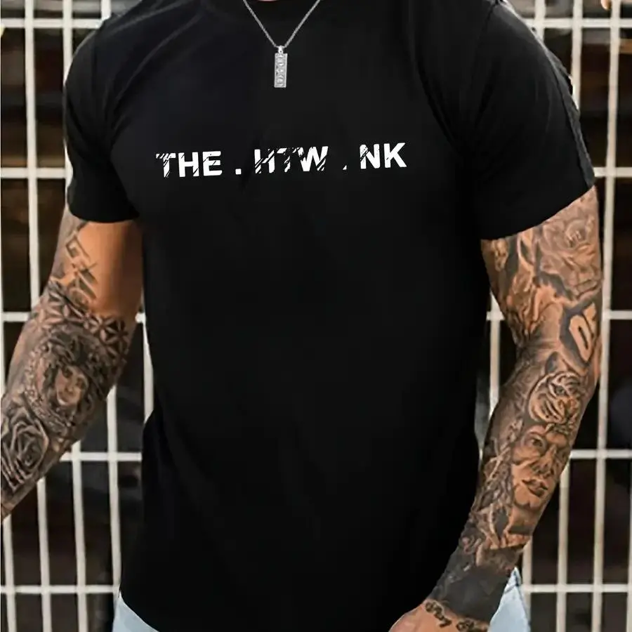 【New Arrival】Minimalist "THE . HTW . NK" Distressed Text Graphic T-Shirt Black Casual Crewneck Topsgood graphic tees