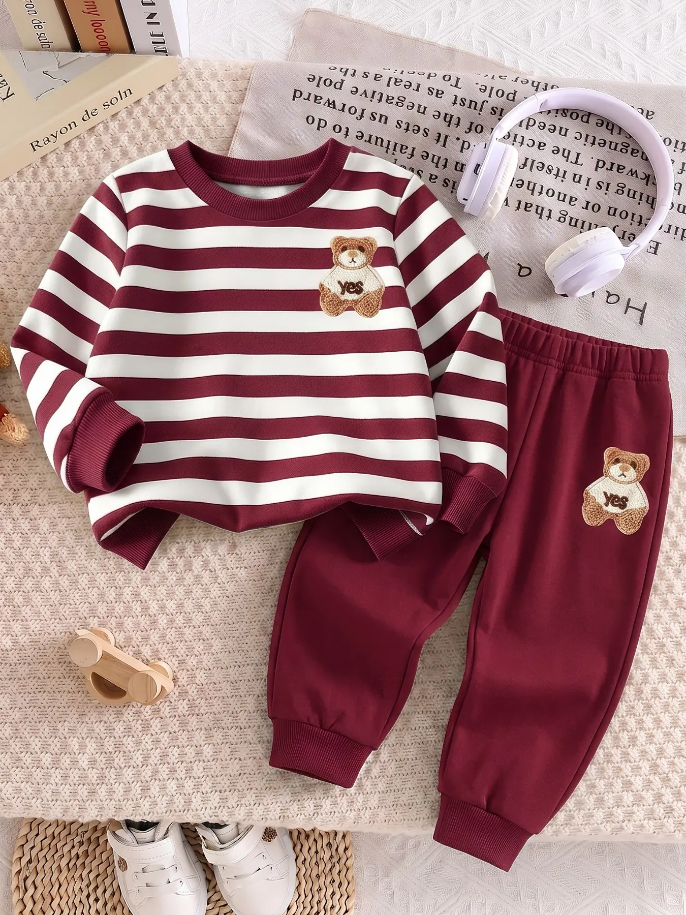 Two-Piece Baby Boy Striped Teddy Hoodie Set for Spring and Fall, Casual Sportswear with Cartoon Pattern, Loose-Fitting Pants and Top
