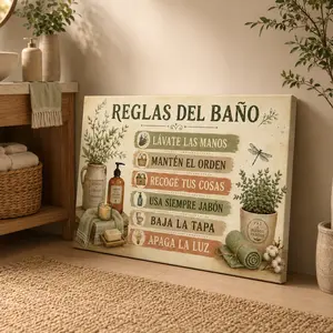 Vintage Spanish Bathroom Rules Horizontal Canvas Wall Art, Botanical Print Poster, Rustic Home Decor, Available as Unframed Canvas Poster or Framed Canvas Wrap