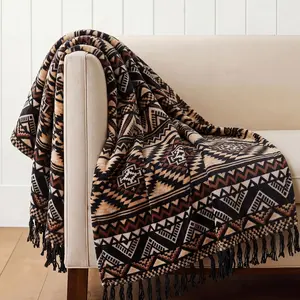 Boho Throw Blanket with Tassel, Farmhouse Western Flannel Bohemian Blanket, Vintage Native Mexican Decorative Throw, Ideal for Gifting (50x60 Inches, Brown Black)