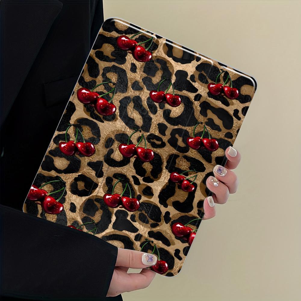 Personalized Leopard and Cherry Pattern Four-Corner Shockproof Tablet Case with Pen Slot, Foldable,Suitable for iPad Mini, Air, Pro 4,5,6,7(2017,2018,2019,2020,2021,2022,2023,2024,2025 models),and Samsung S6,7,8,9,10FE + A7 LTE tablet cases