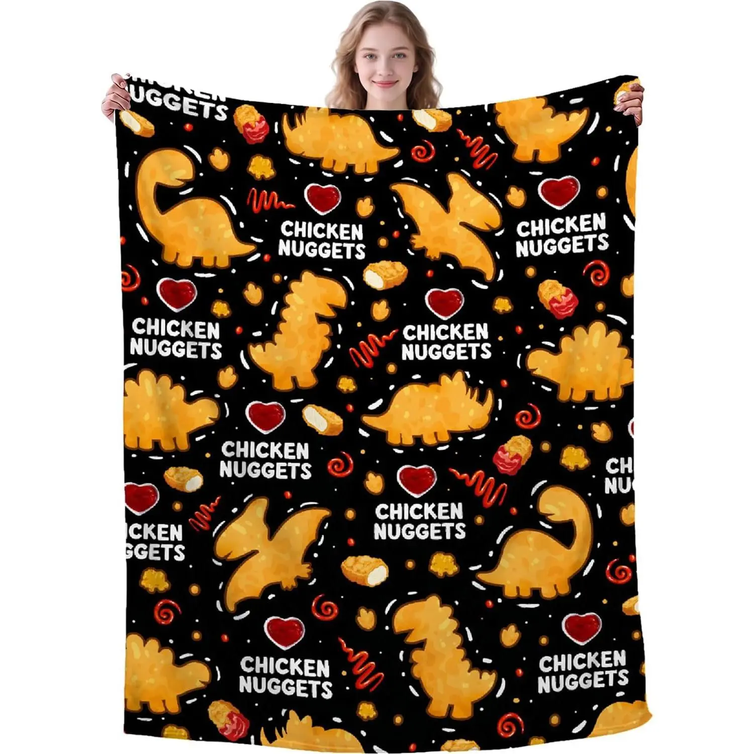 Chicken Nugget Blanket,Ultra Soft Dino Nugget Flannel Blanket for Kids,Fuzzy Fleece Funny Food Ketchup Blanket for Couch Sofa Camping,Novelty Gift for Boys Girls