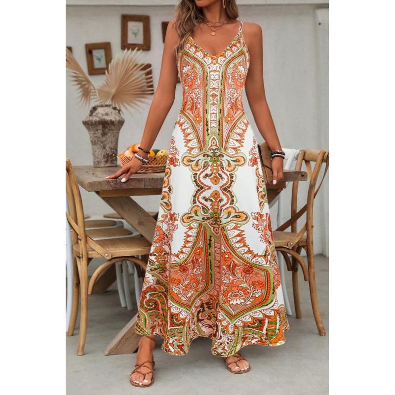 Women's Summer Vintage China Print Casual Long Dress – Loose Beach Cover-Up, Adjustable Spaghetti Strap Flowy Artistic Sundress