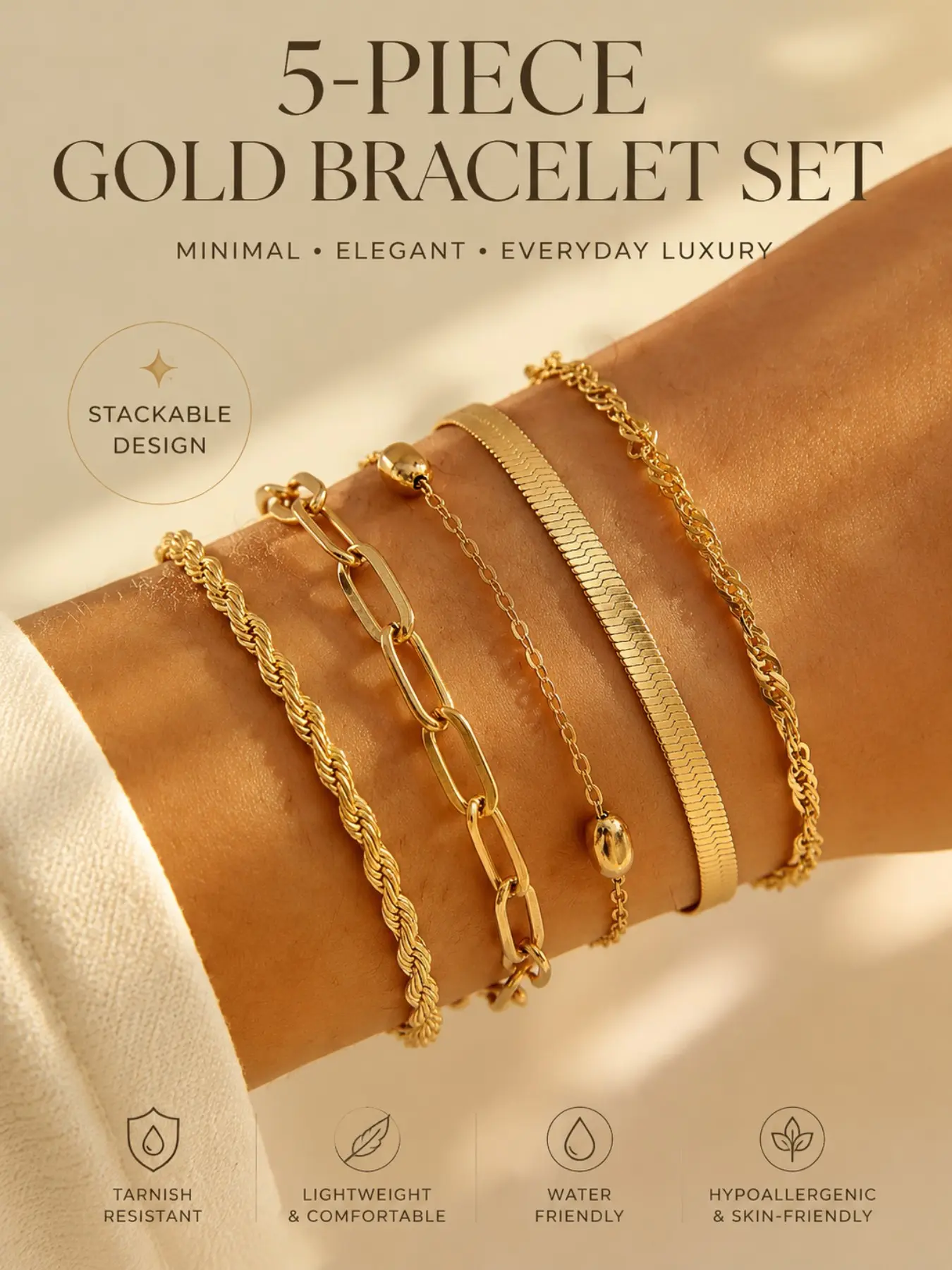 5-Piece Gold Bracelet Set for Women Men, Stackable Gold Chain Bracelets Minimalist Jewelry, Elegant Luxury Layered Wrist Jewelry Gift for Birthday Anniversary Holiday, Waterproof Skin-Friendly Everyday Wear | Best Gift Idea