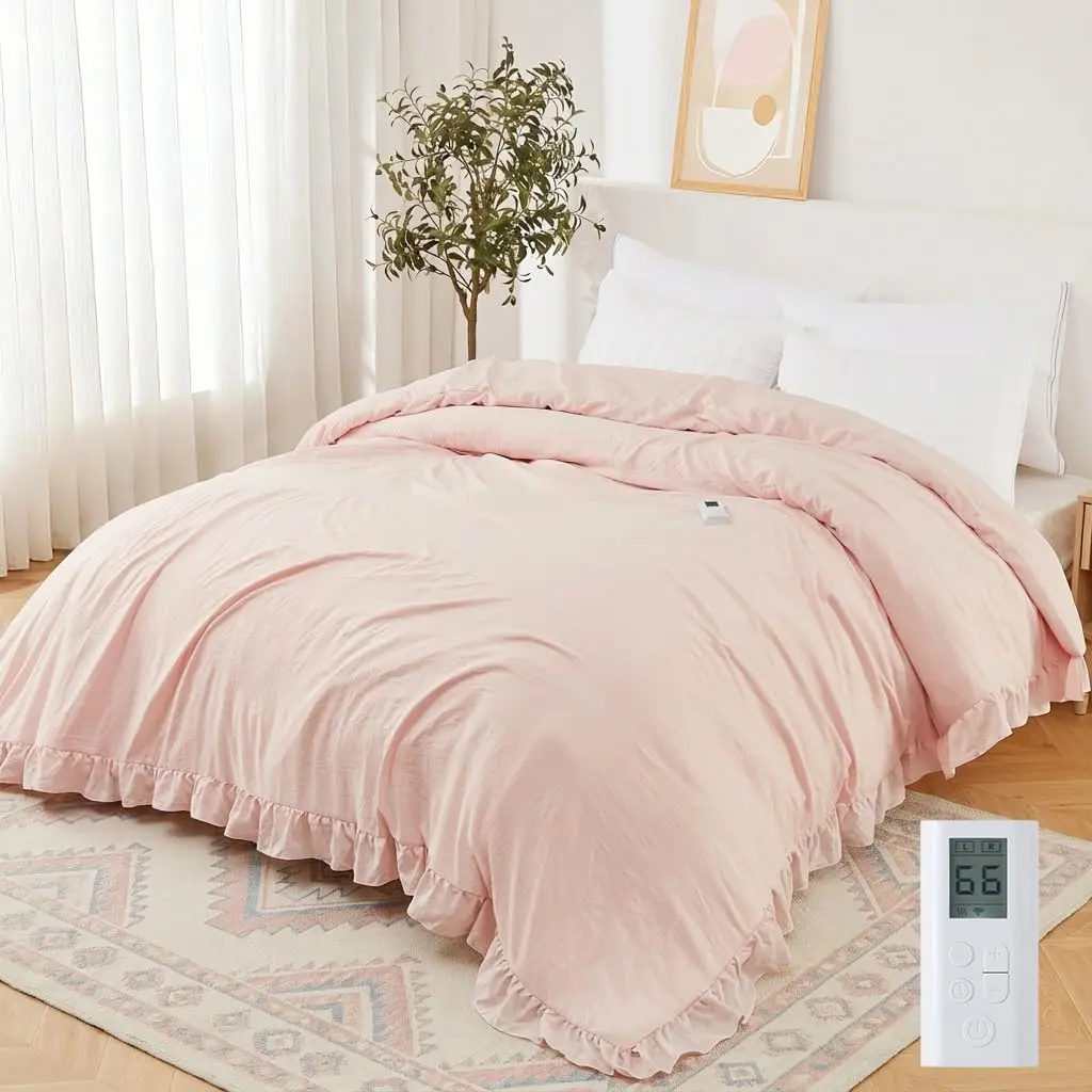 Garvee Heated Comforter Blanket Queen Size, Ruffle Electric Quilt with Wireless LCD Controller, Fast Heating & Overheat Protection, ETL Certified, Machine Washable (Pink, Queen 90"x90")