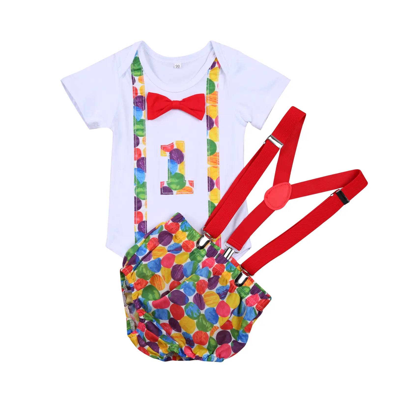 Baby Boy 1st Birthday Outfit Colorful Polka Dot Suspenders Bow Tie Romper Shorts Set Infant First Birthday Cake Smash Party Summer Clothes