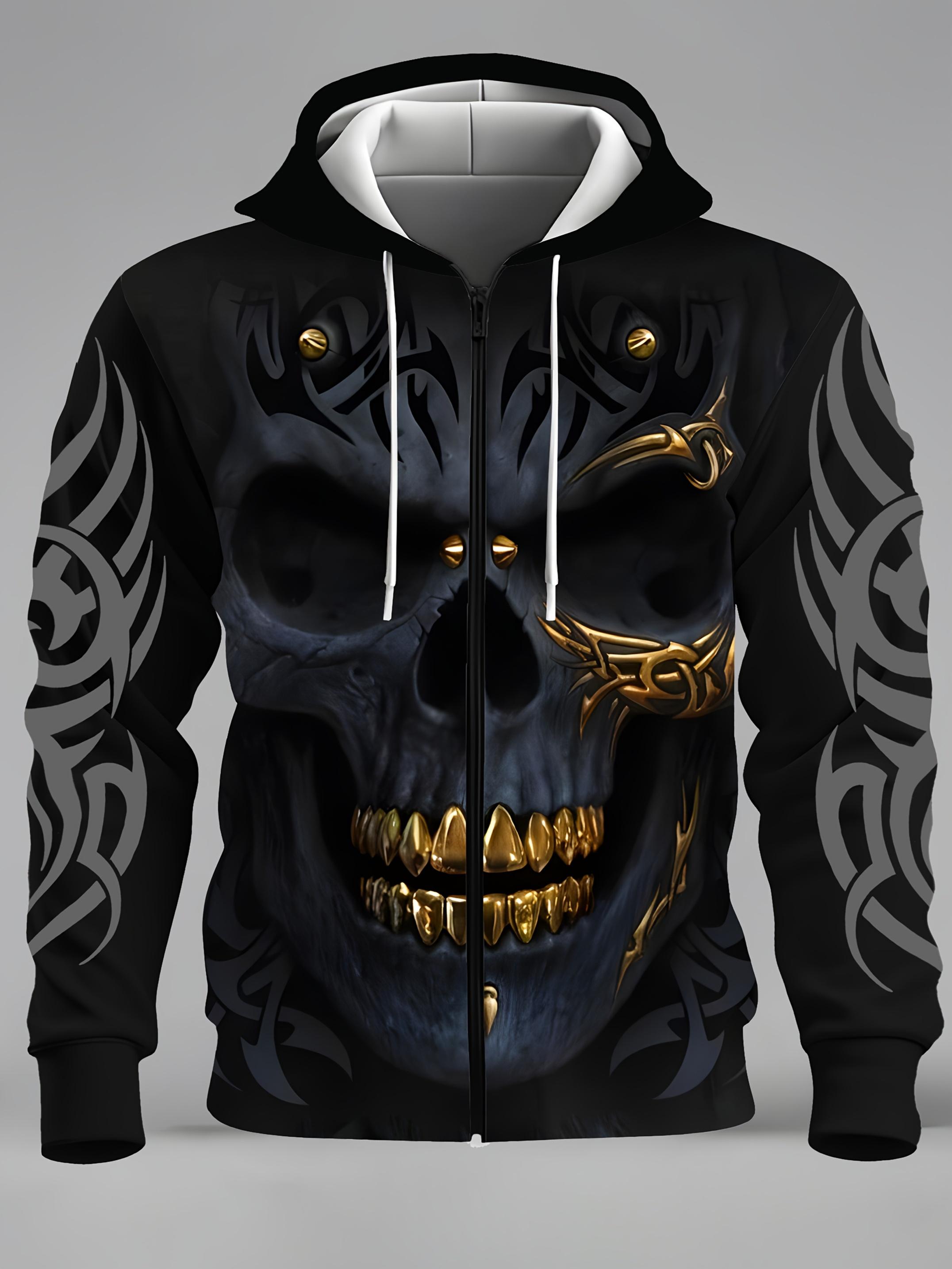 Men's fashionable casual novel skull pattern printed zipper pocket hoodie