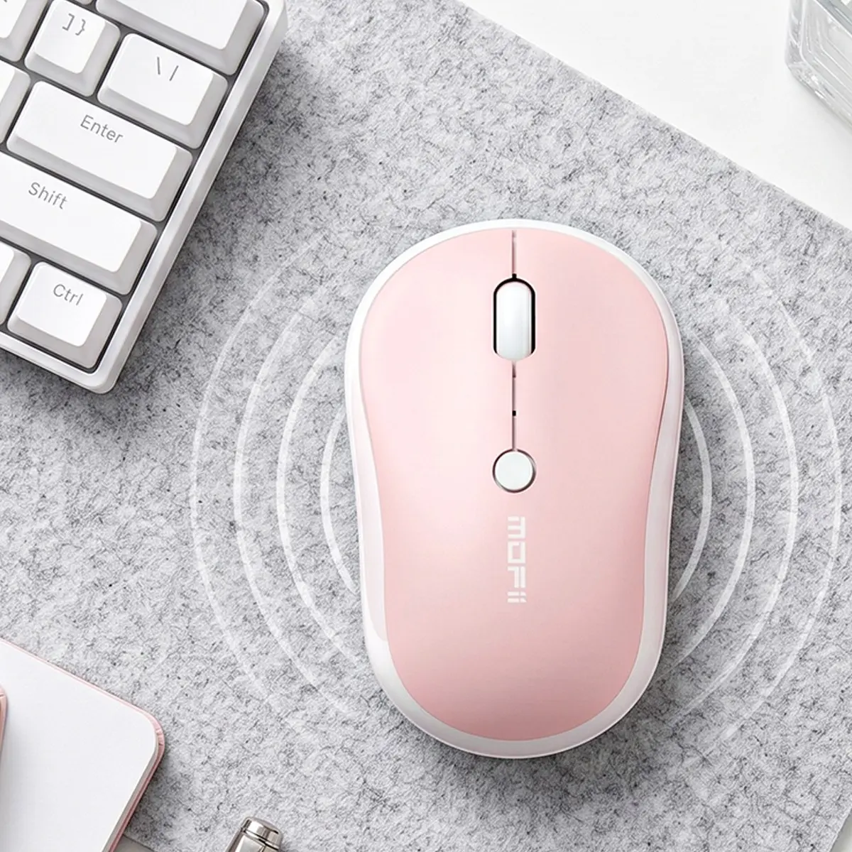 MOFii M5AG Pink White Minimalist Wireless Mouse, Ergonomic Portable Office Mouse with 3 Adjustable DPI, Compatible with Laptops & Desktops