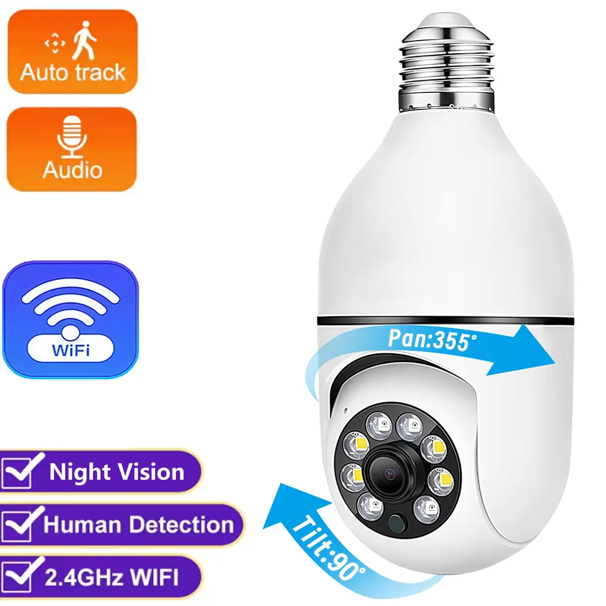 Plug-in E27 Bulb Monitoring Security WiFi Camera, Color Night Vision Clear Recording, Intelligent Motion Push Alert, 2.4G WiFi, Two-Way Communication, Balcony Home Safety Camera