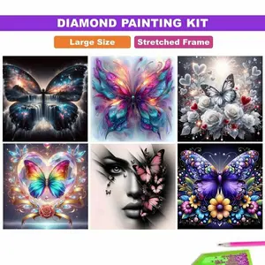 Framed 5D DIY Diamond Painting Cross Stitch Kit - Magical Fantasy Butterfly with Glowing Gradient Wings, Dewdrops, Vibrant Purple Teal Pink Art, Bedroom Decor, No Battery Needed, Ideal Hobby Project