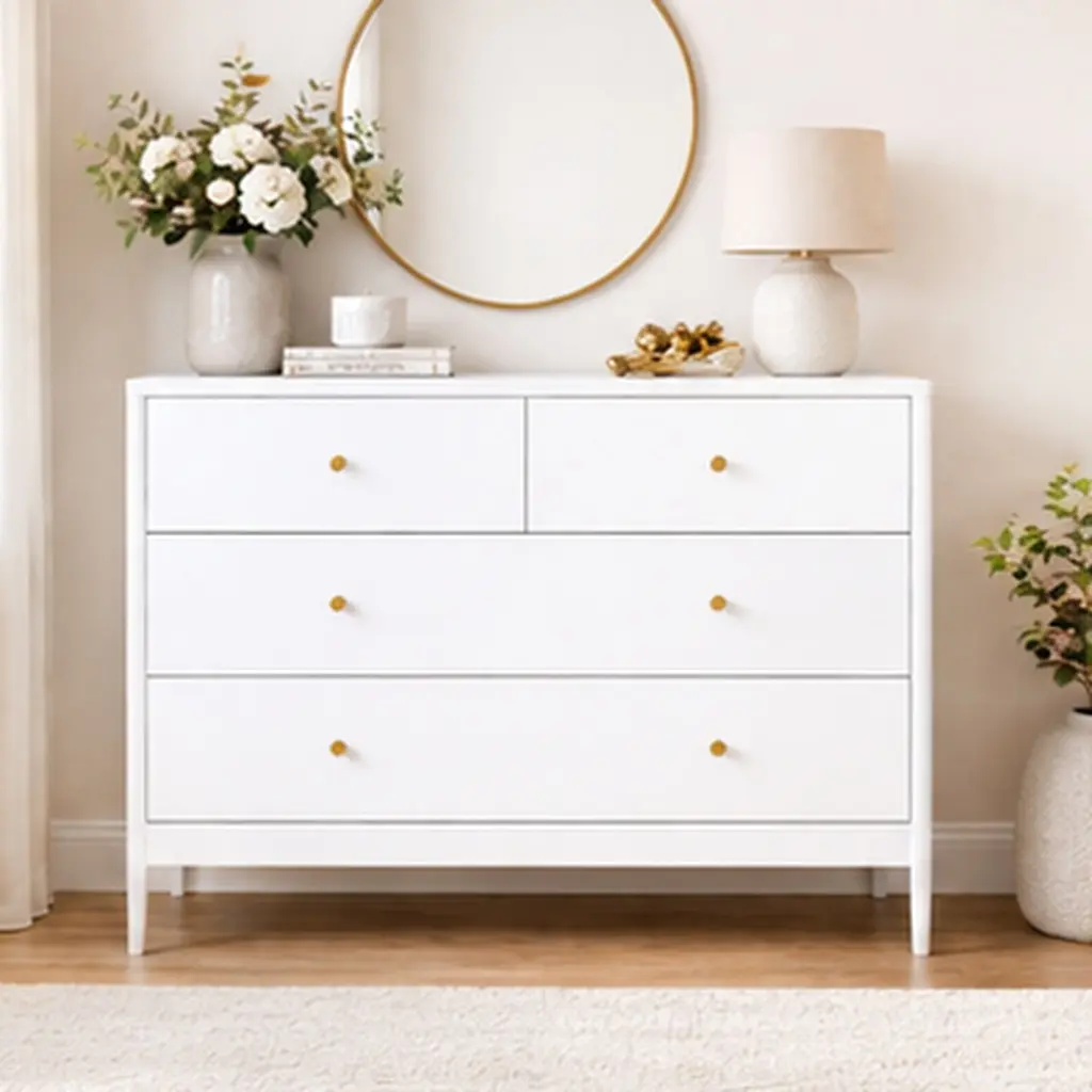 ARCH Classic 4-Drawer Kids Wooden MDF Dresser Chest, Single Unit Nursery Storage Cabinet for Toddler Bedroom Closet, Modern Organizer with Antique Brass Pulls, Tip Restraint Kit, 35.4" Wide, Assembly Required, Multiple Colors (Pink/White/White+Natural)