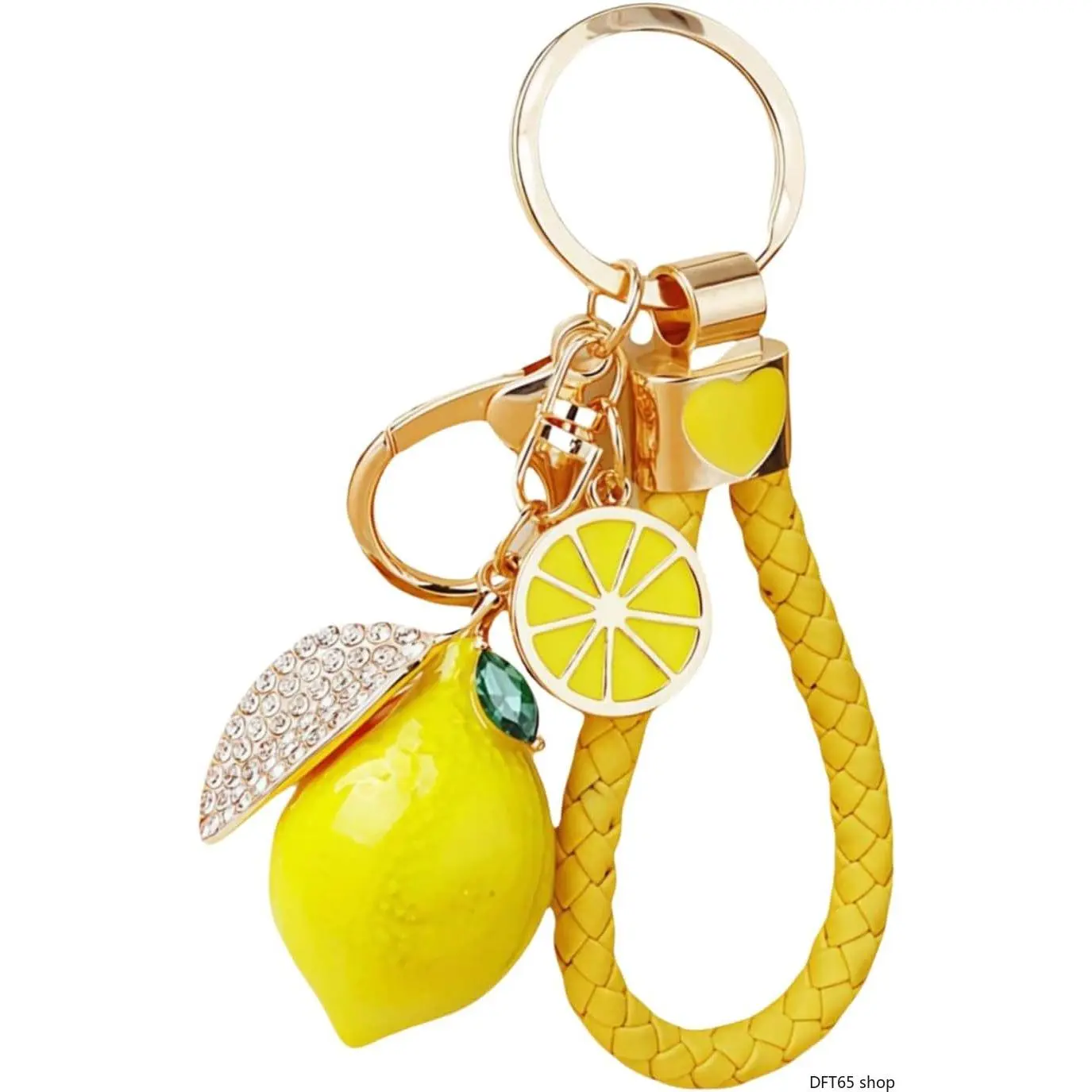 Sunshine Yellow Lemon Shaped Bag Charm Keychain, Solid Durable Alloy Frame Inlaid with Sparkling Mini Crystals, Detachable Spring Clasp, Compact Light Silhouette, Unisex Luggage & Bag Accessory for Backpack, Car Key Hanging, no default sun-proof clothing