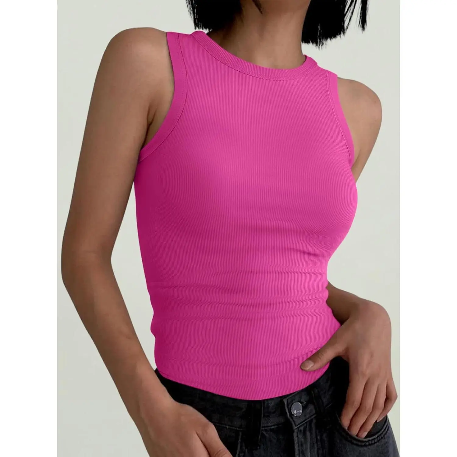 Women’s Sleeveless High Neck Ribbed Tank Tops, Summer Casual Basic Slim Fit Racerback Vest
