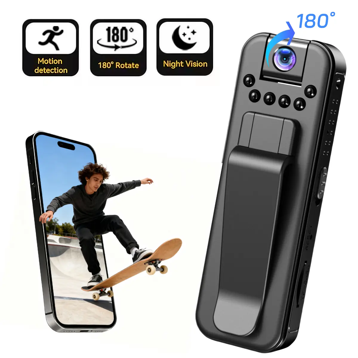 Portable Action Camera,180°Rotatable Lens, 1080P HD Recording,IR Night Vision, Clip Design, WiFi File Transfer,Loop Recording Device for Daily Vlog, Sports Shooting，Father's Day gifts