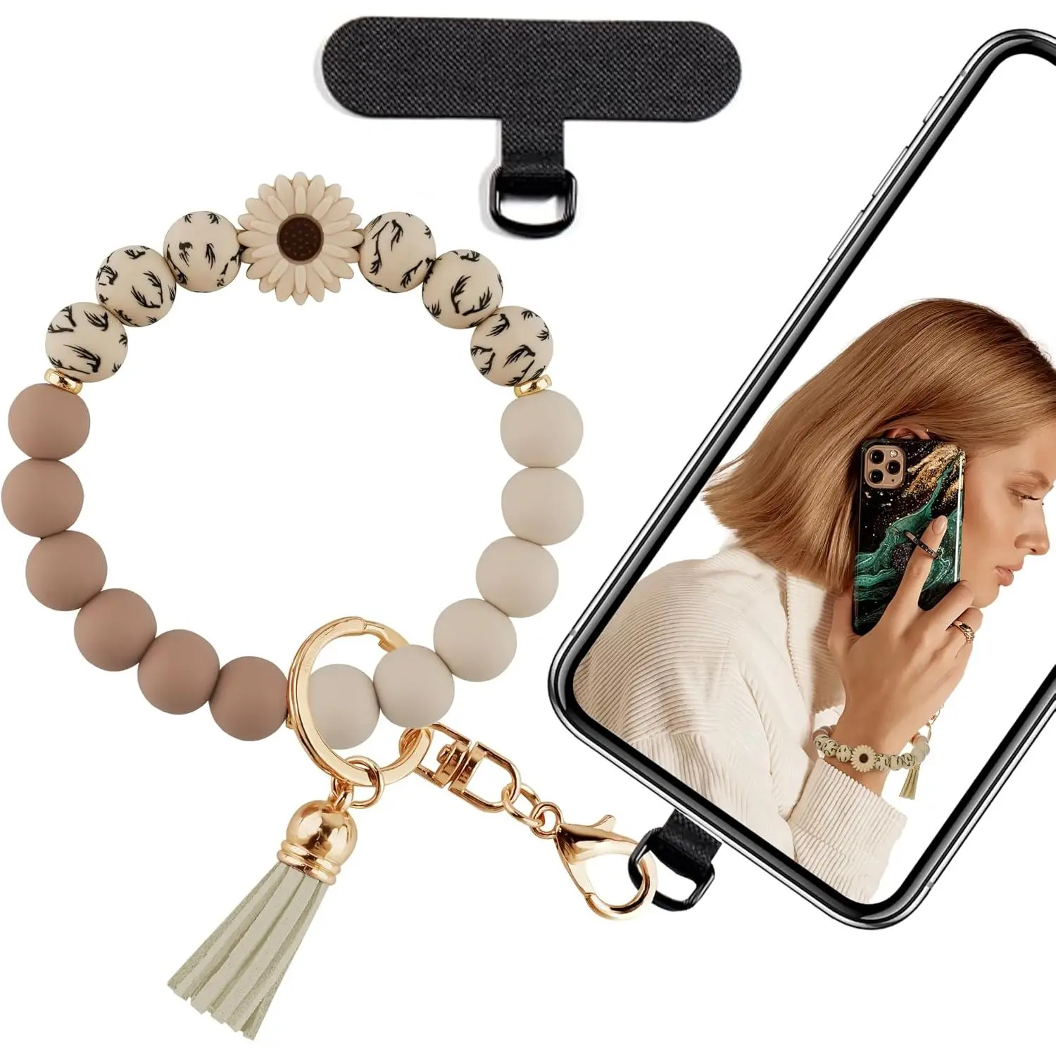 Beaded Phone Wrist Strap, Phone Bracelet Wristlet with Tether Tab, Hands-Free Wristlet for  (Khaki Daisy)