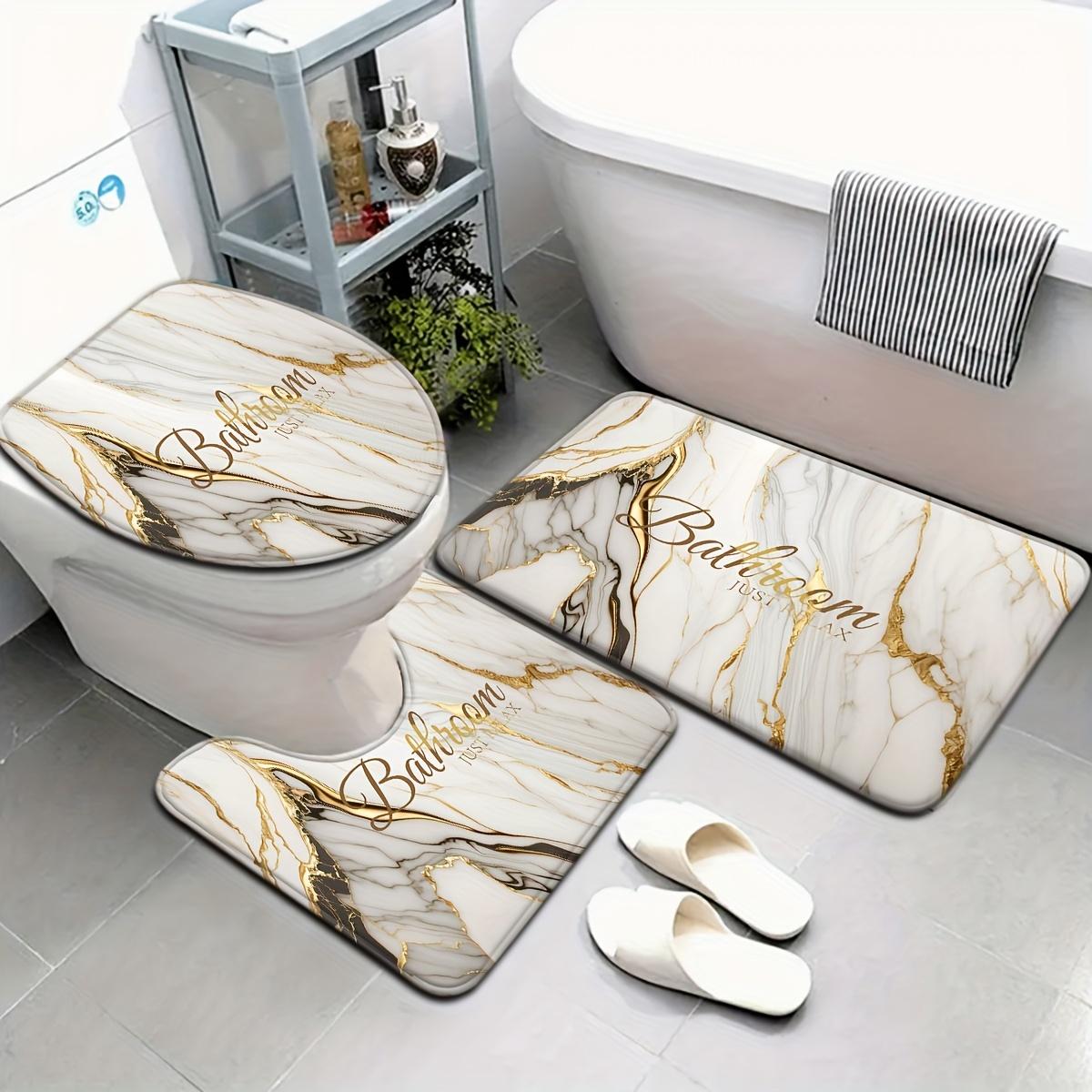 4-Piece Marble Pattern Bathroom Rug Set, Abstract Swirl Ink Fluid Art Bath Mat with "Just Relax" Print, Non-Slip Absorbent Bathroom Accessories with Toilet Lid Cover & U-Shaped Mat for Modern Bathroom Decor