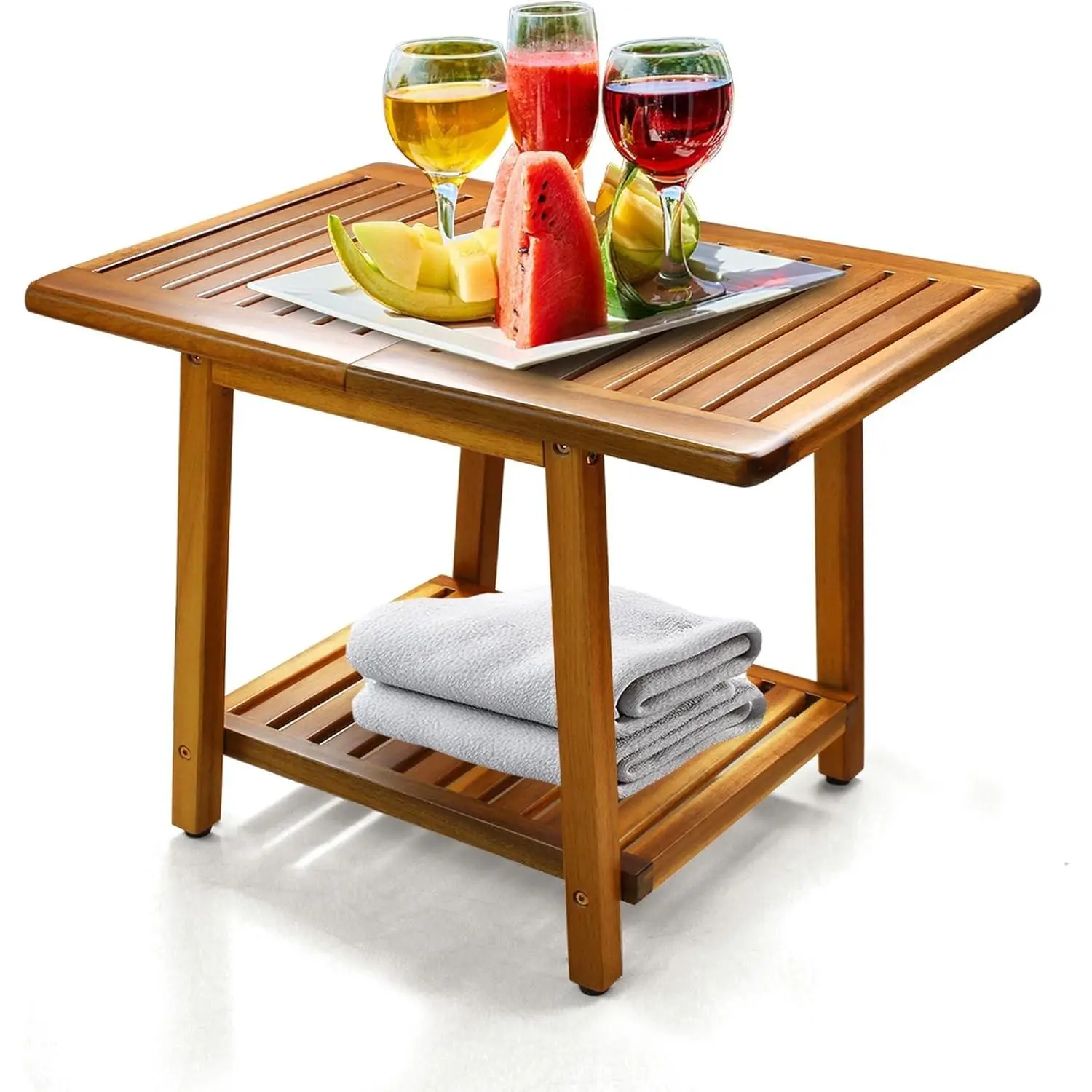 Acacia 24 Inches Outdoor Side Table, 2-Tier Sturdy Patio, End Table Weather Resistant, Strong Stability Side Table for Patio, Pool, Porch, Teak Finish (Acacia Brown)