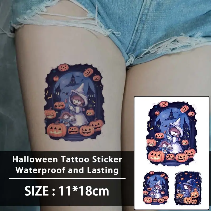 Halloween Pumpkin Castle Witch Colorful Temporary Tattoo Stickers, Long-Lasting Waterproof, Realistic Fake Tattoos for Face, Hands, Arms, Legs, Chest, Neck, Back