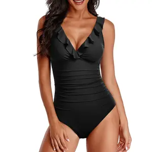 Holipick Women One Piece Swimsuits Tummy Control Bathing Suit Ruffle V Neck Swimwear Slimming Monokini DealsForYouDays